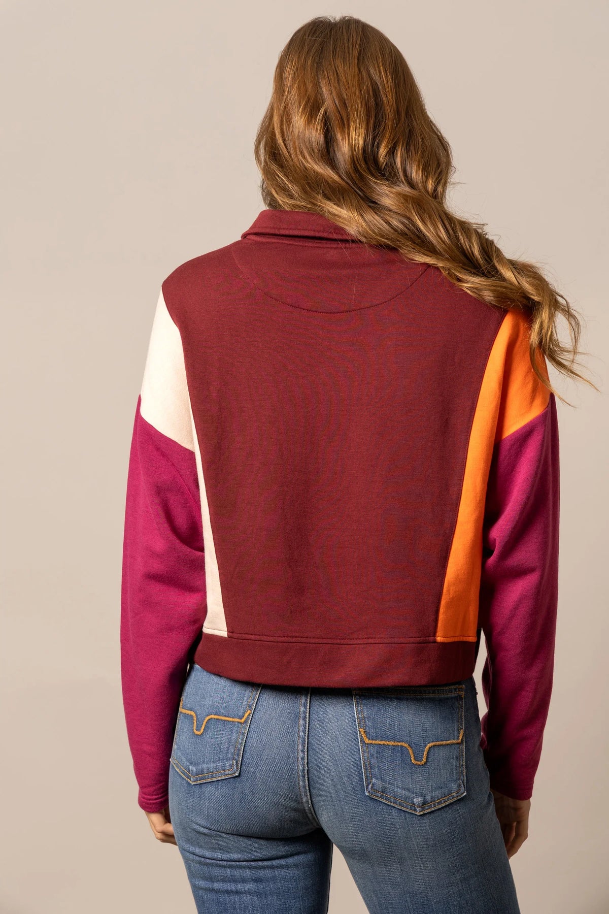 Kimes Ranch Cami Sweater in Maroon, back view, with colorblocked sleeves in orange and magenta