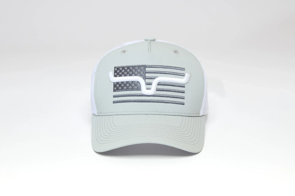 Kimes Ranch Capital hat in Grey with a white mesh back and an embroidered American flag with a white Kimes Ranch logo overlay