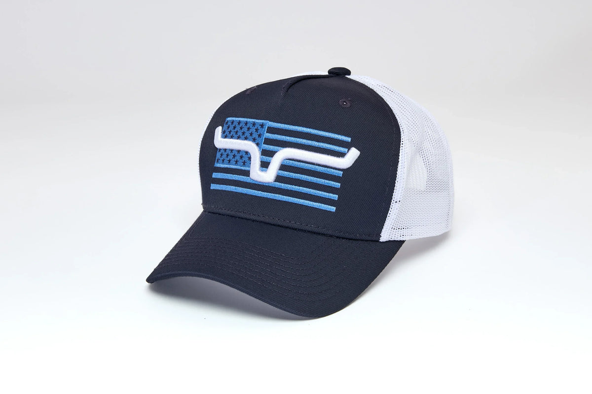 Kimes Ranch Capital hat in Navy with white mesh back and embroidered blue flag with longhorn logo