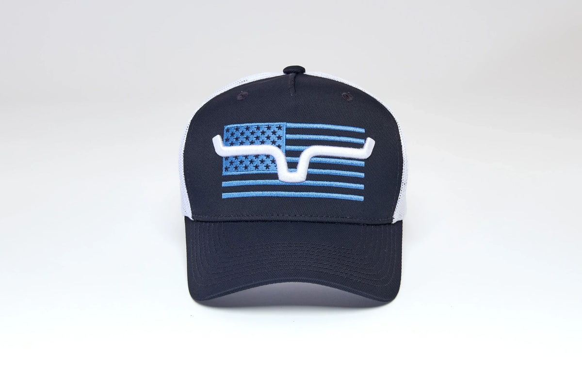 Kimes Ranch Capital hat in Navy with a light blue and white thin line flag and Kimes Ranch logo embroidered on the front