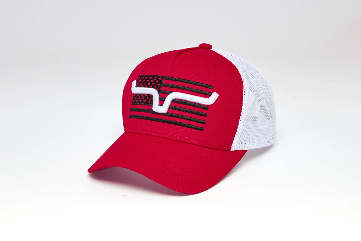 Kimes Ranch Capital hat in Red, side view, with white mesh back and black and white flag graphic with the Kimes Ranch logo