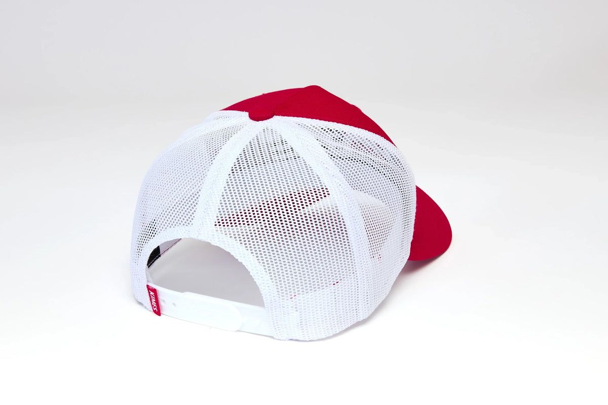 Kimes Ranch Capital hat in Red, back view, with white mesh back and adjustable strap