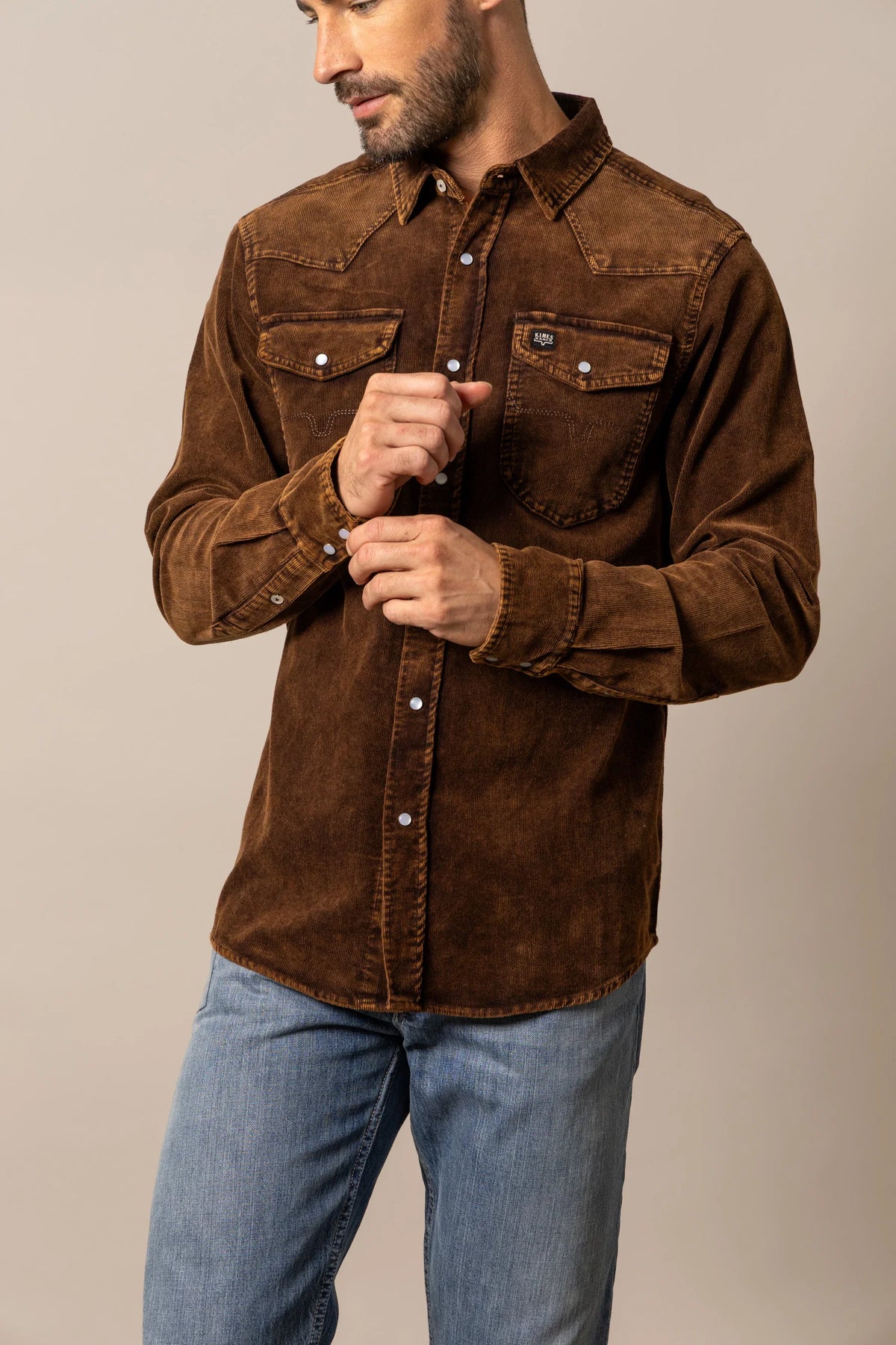 Kimes Ranch Catalina Cord dress shirt in Dark Brown with snap buttons and chest pockets