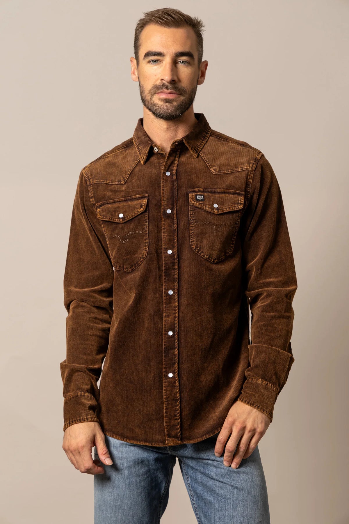 Kimes Ranch Catalina Cord long sleeve dress shirt in Dark Brown with snap pockets and contrast stitching