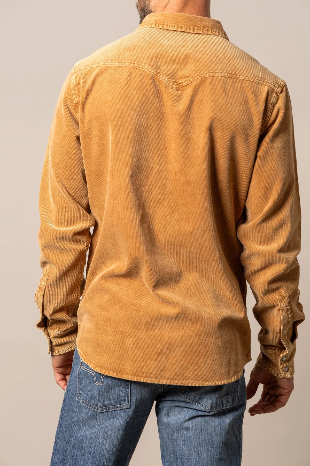 Kimes Ranch Catalina Cord dress shirt in Mustard, back view, with a back yoke and long sleeves