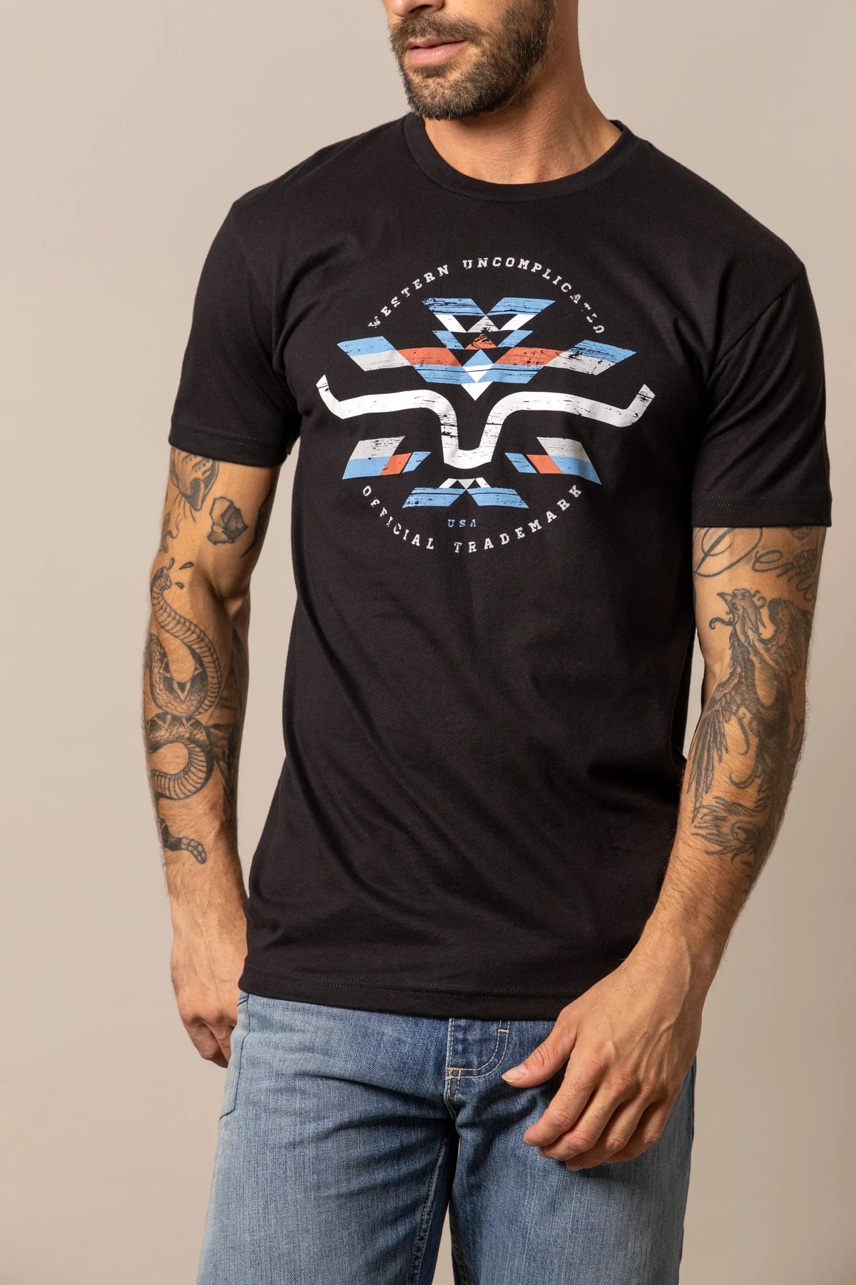 Kimes Ranch Circular Serape shirt in Black with a graphic featuring Western Uncomplicated Official Trademark wording