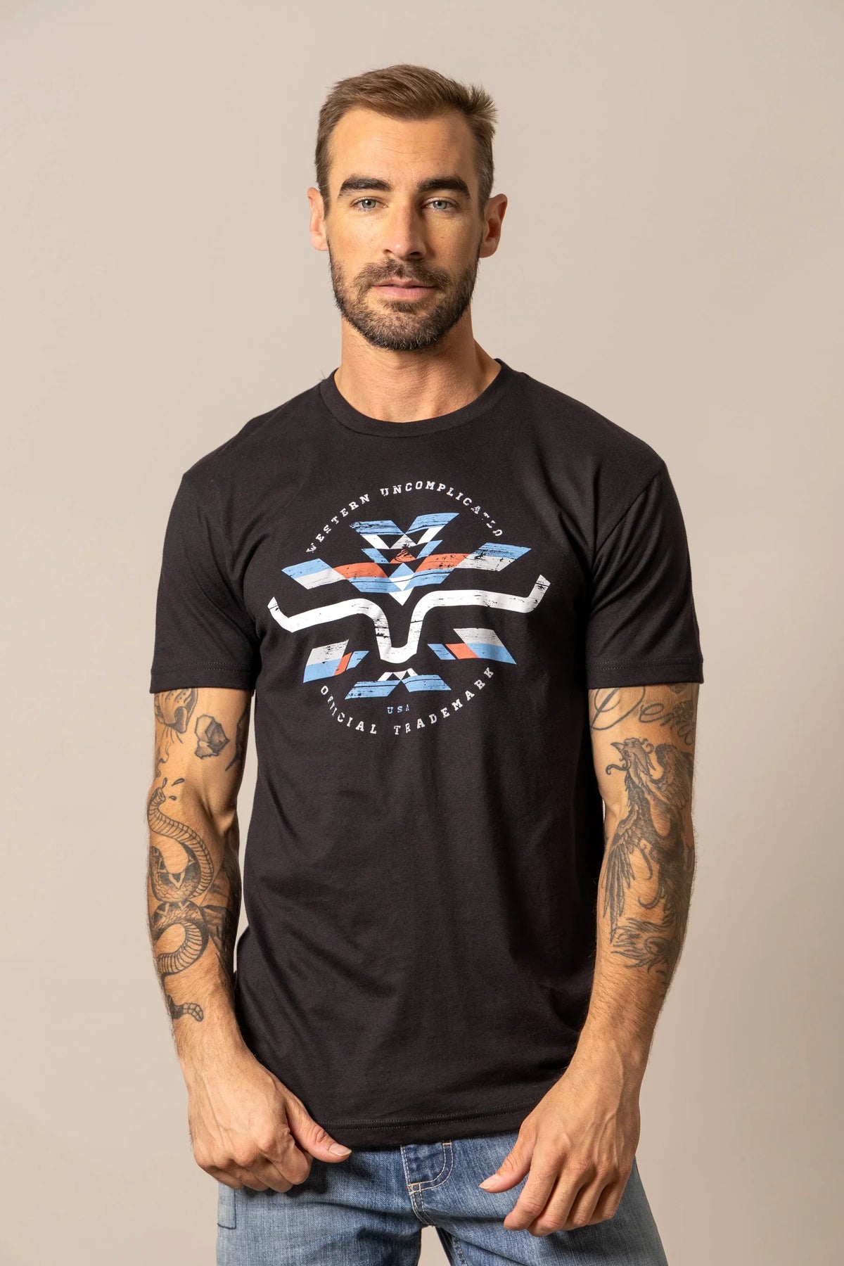 Kimes Ranch Circular Serape shirt in Black with Western Uncomplicated Official Trademark text and Kimes Ranch logo