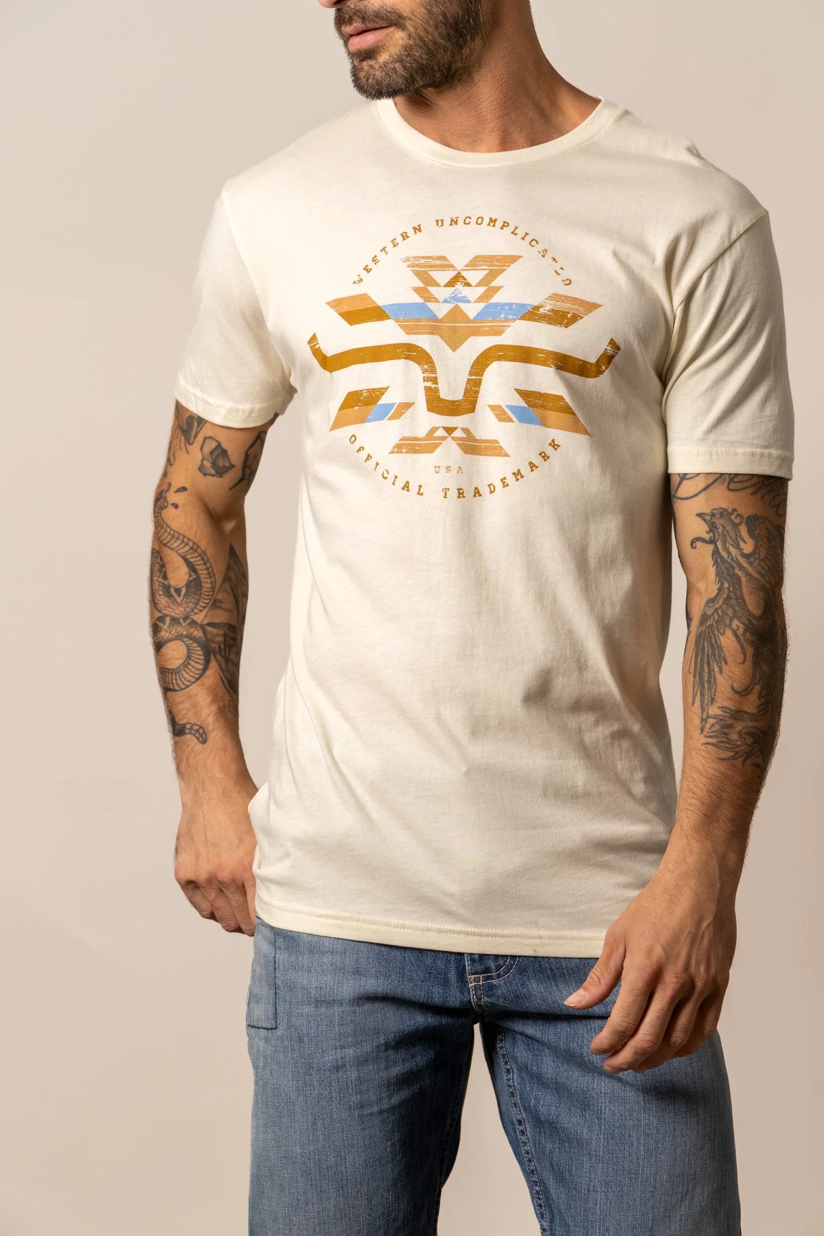 Kimes Ranch Circular Serape shirt in Natural with a Western Uncomplicated graphic and Official Trademark text