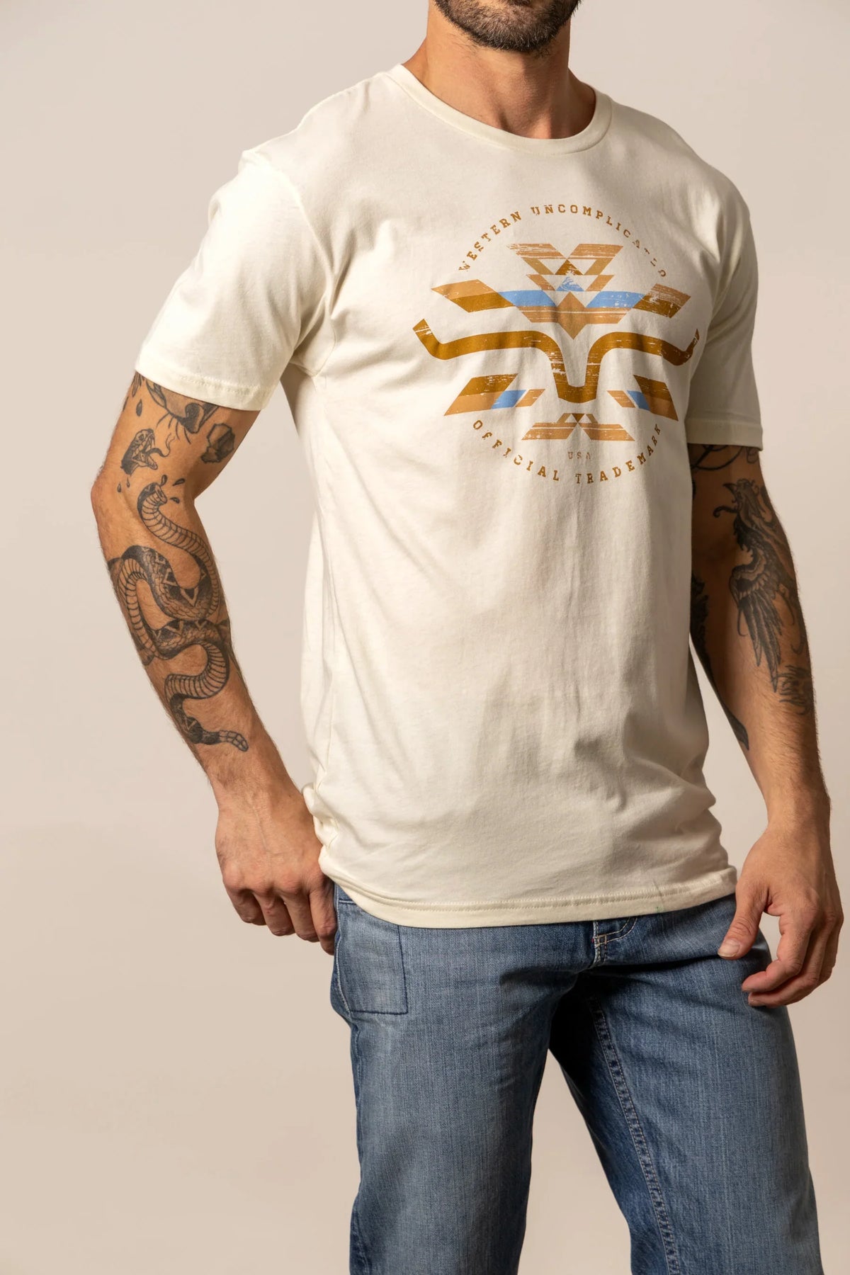Kimes Ranch Circular Serape shirt in Natural with a graphic print featuring Western Uncomplicated Official Trademark
