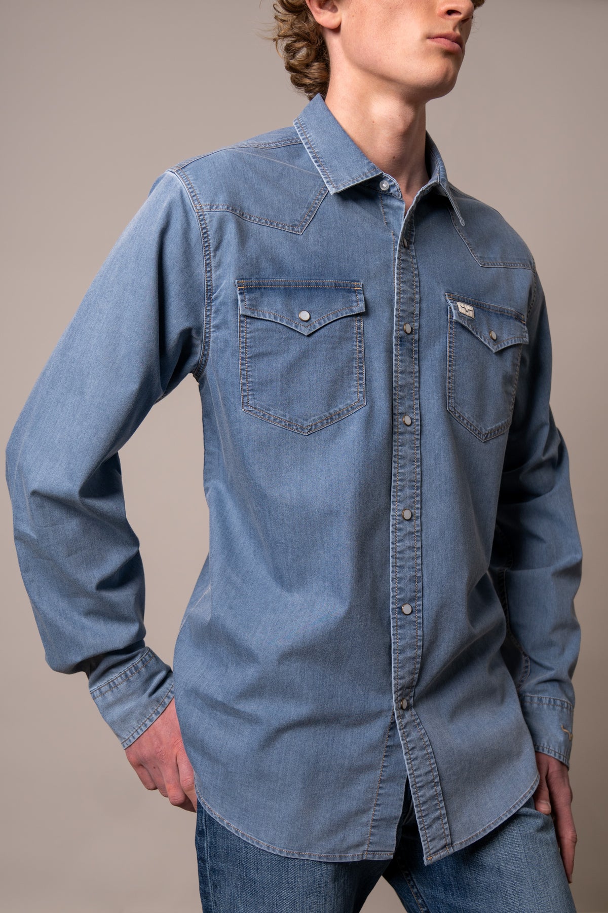 Kimes Ranch Cleavon long sleeve dress shirt in Blue with snap front and chest pockets