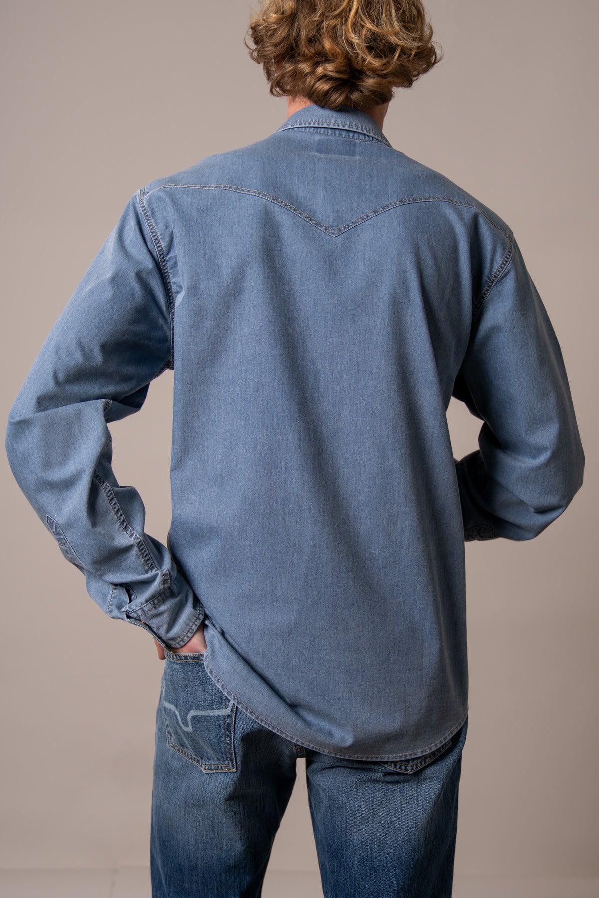 Kimes Ranch Cleavon dress shirt in Blue, back view, with a back yoke and contrast stitching