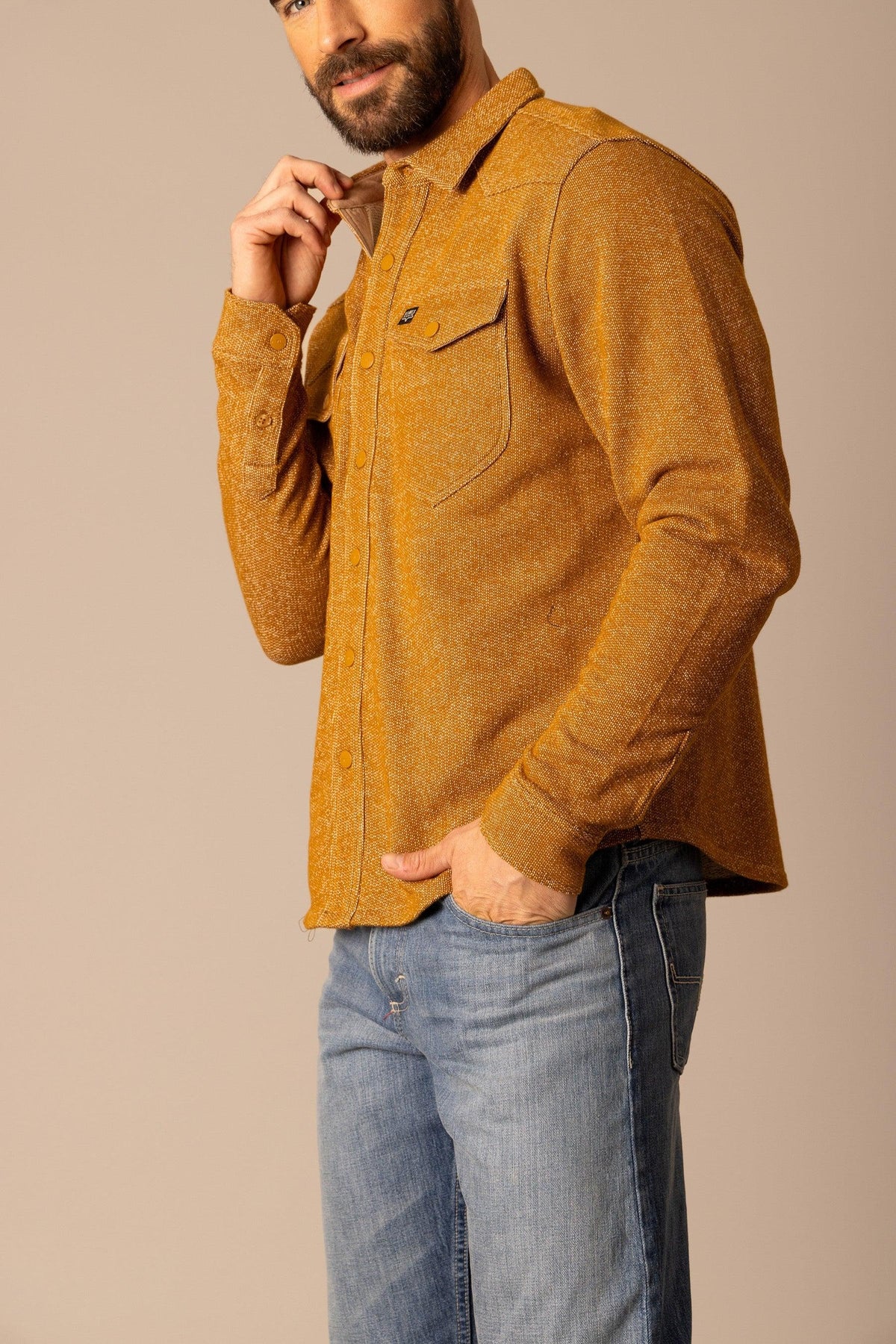Kimes Ranch Coloma Snapfront dress shirt in Work Wear Brown, side view, with long sleeves and a chest pocket