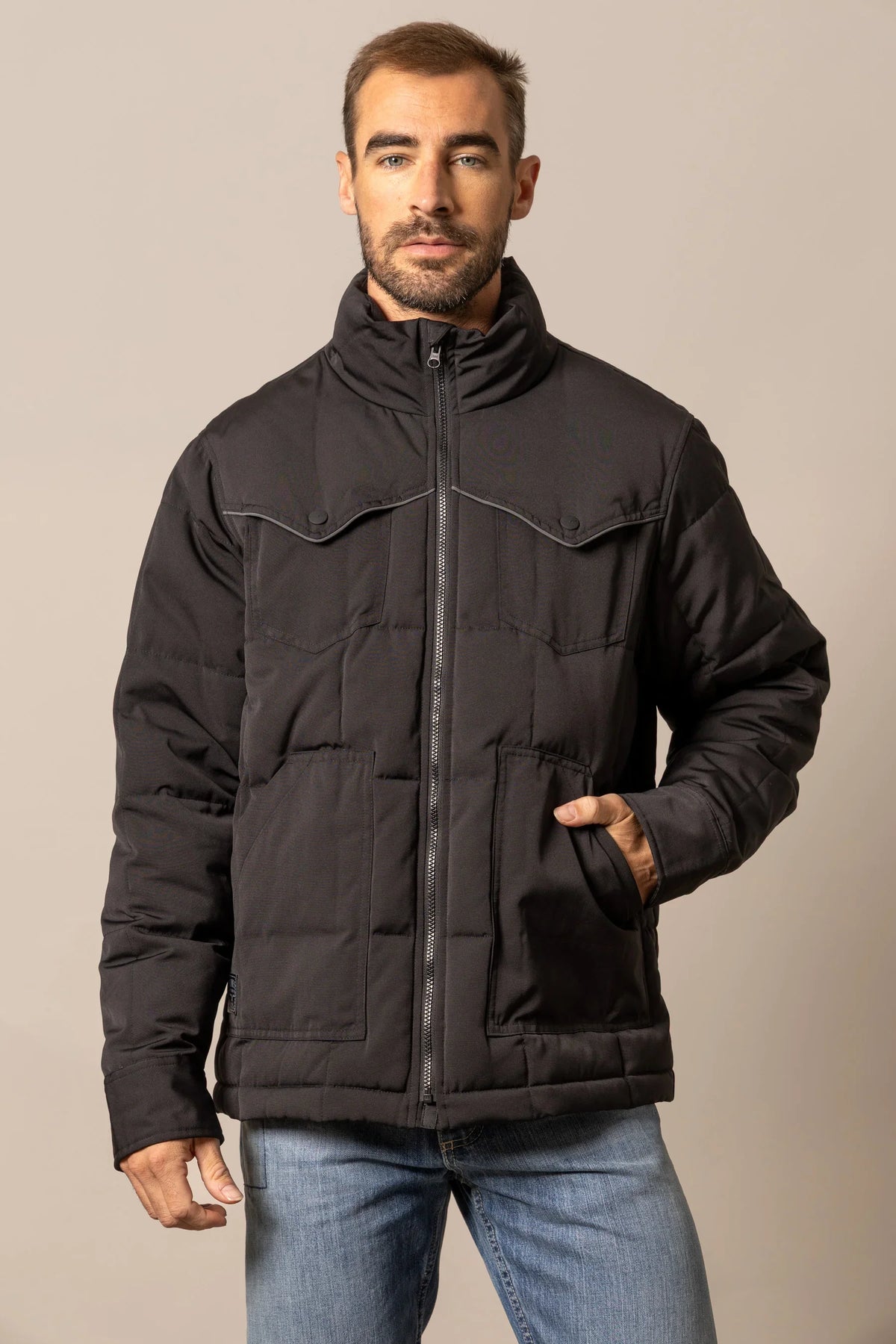 Kimes Ranch Colt Jacket in Black with a high collar, front zip, and two flap pockets