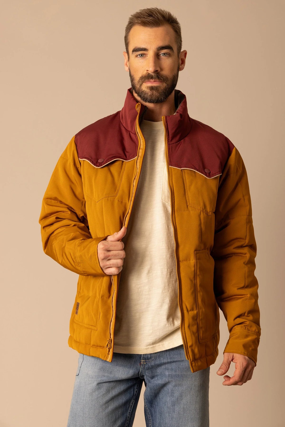 Kimes Ranch Colt Jacket in Work Wear Brown with a maroon yoke and front pockets