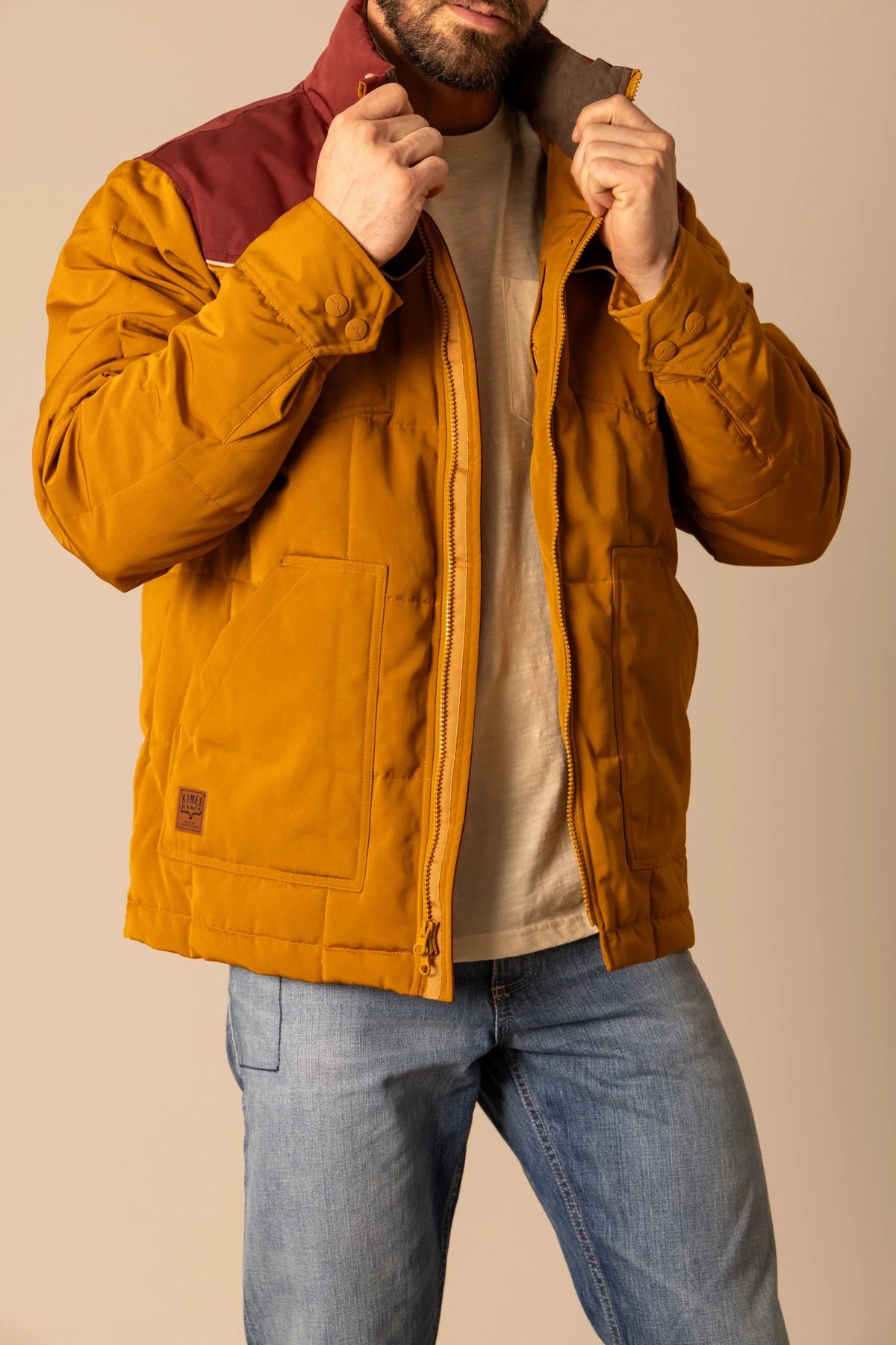 Kimes Ranch Colt Jacket in Work Wear Brown with burgundy yoke and front patch pockets