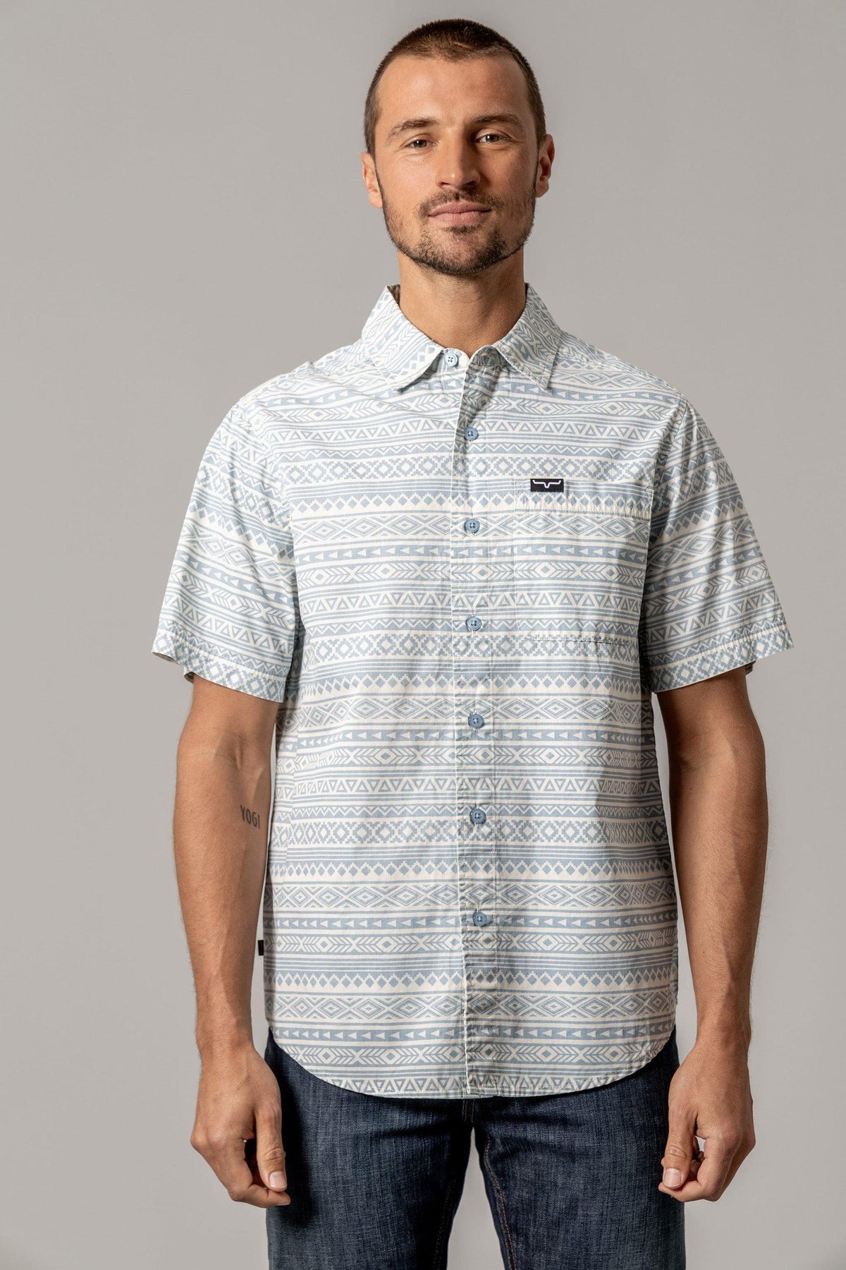 Kimes Ranch Colton short sleeve dress shirt in Light Blue with a geometric pattern and chest pocket