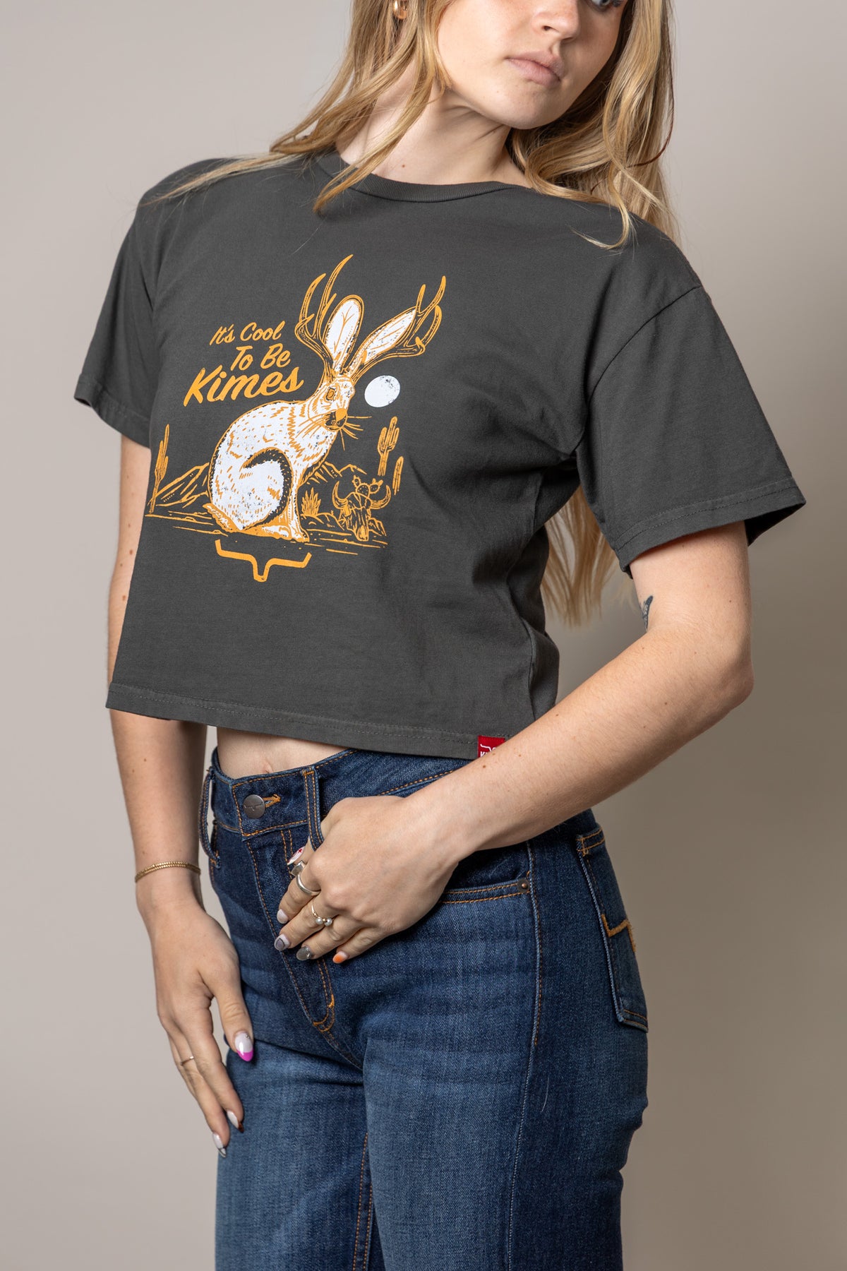Kimes Ranch Cool Jack shirt in Pepper with a graphic of a jackrabbit with antlers and the text It's Cool To Be Kimes