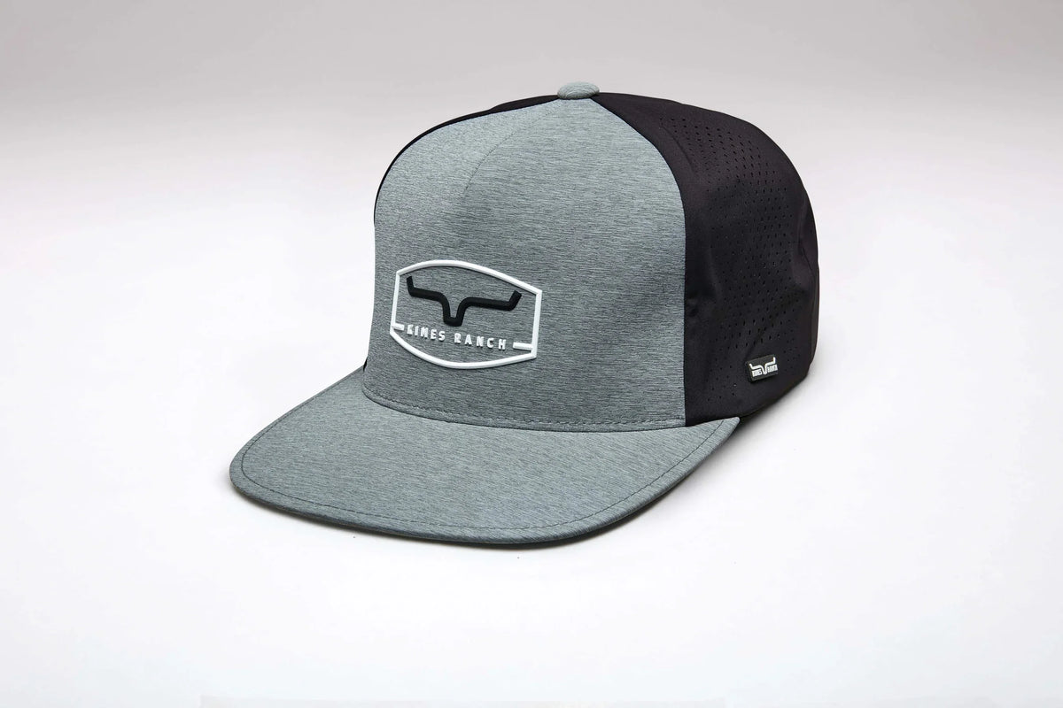 Kimes Ranch Creston hat in Grey Heather with a flat brim and Kimes Ranch logo on the front