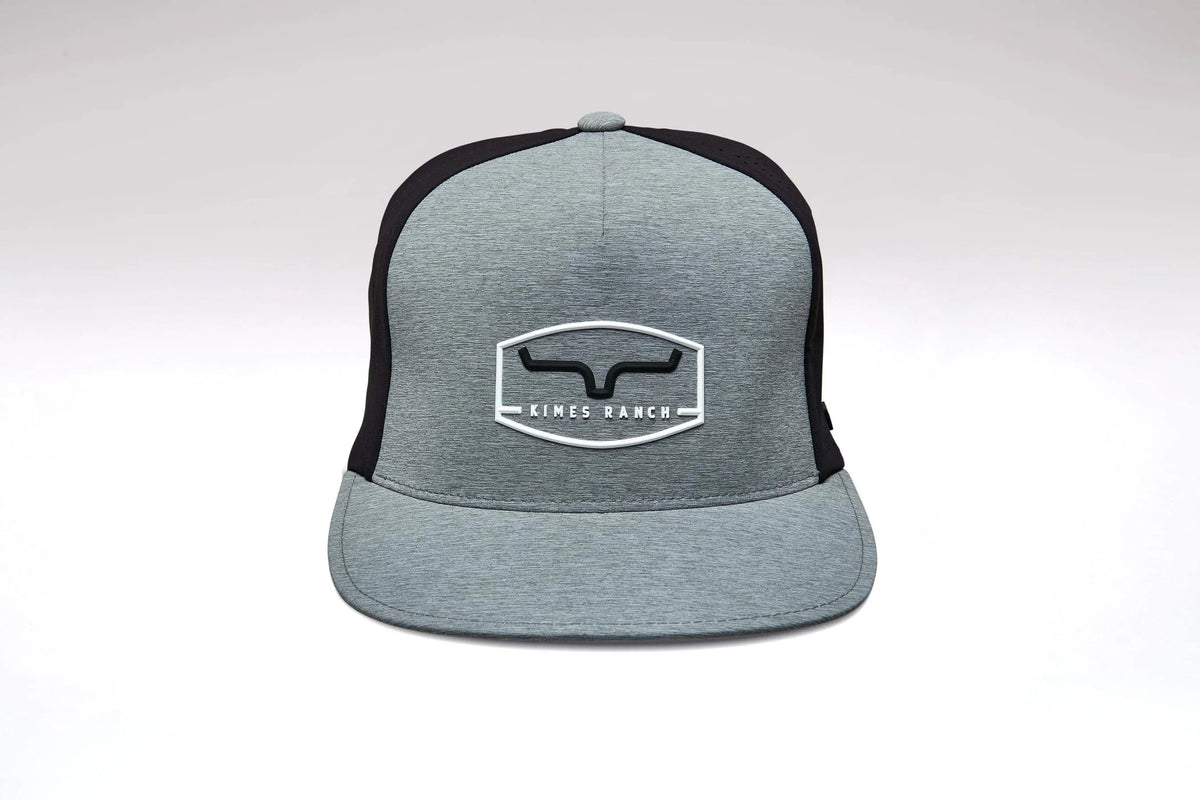 Kimes Ranch Creston hat in Grey Heather with a flat brim and the Kimes Ranch logo embroidered on the front