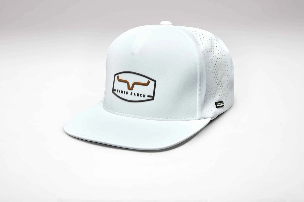 Kimes Ranch Creston, side view, White hat with a front logo and perforated side panels