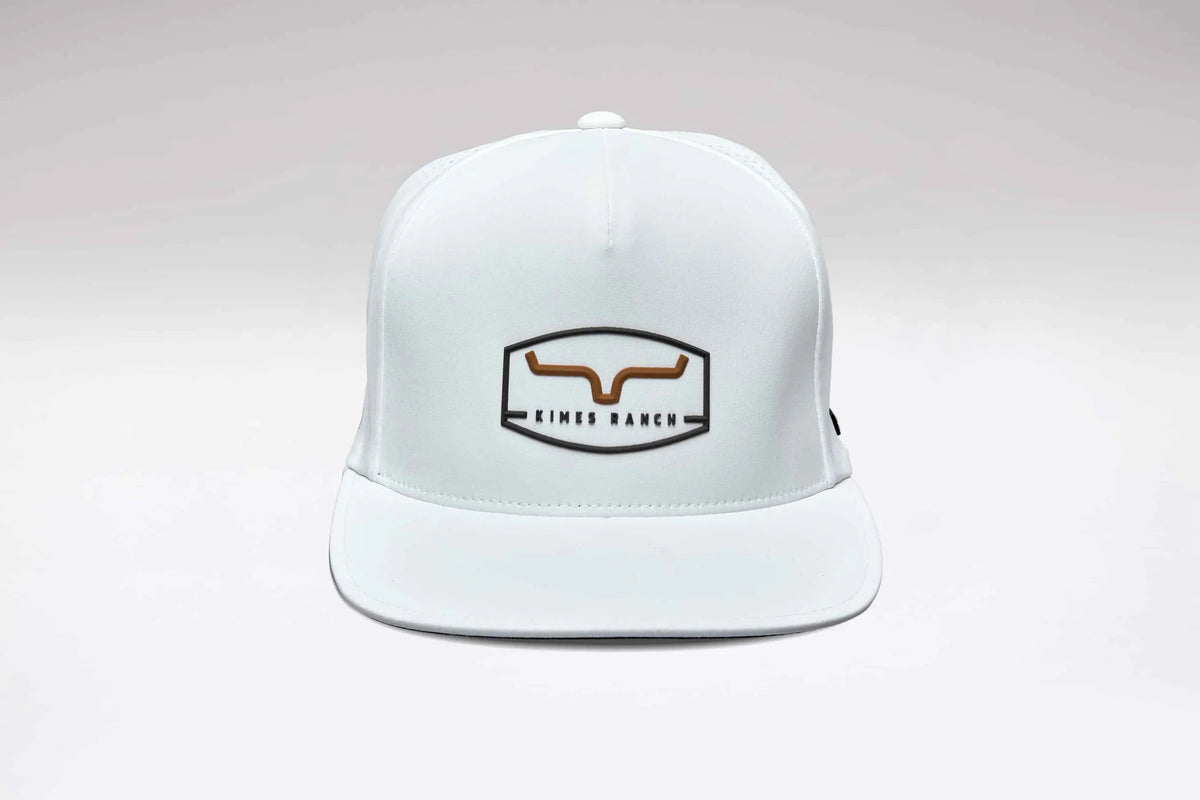 Kimes Ranch Creston White hat with a flat brim and the Kimes Ranch logo embroidered on the front