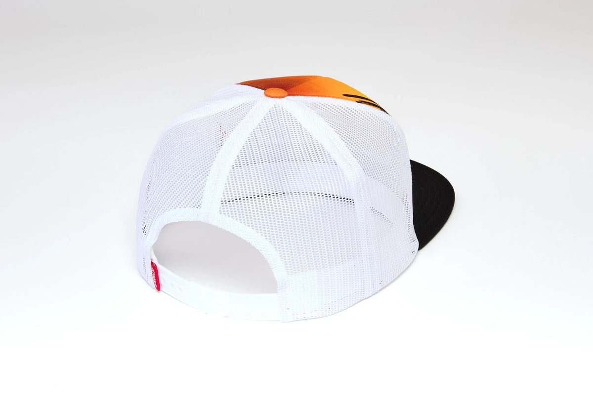 Kimes Ranch Crestview, back view, hat with white mesh back and orange button