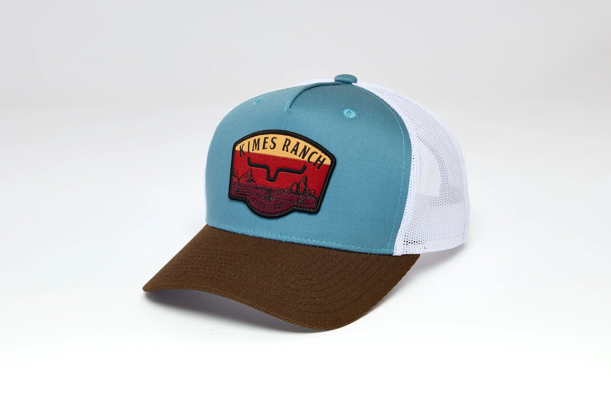 Kimes Ranch Crimson hat in Green with a brown brim and white mesh back featuring the Kimes Ranch logo patch