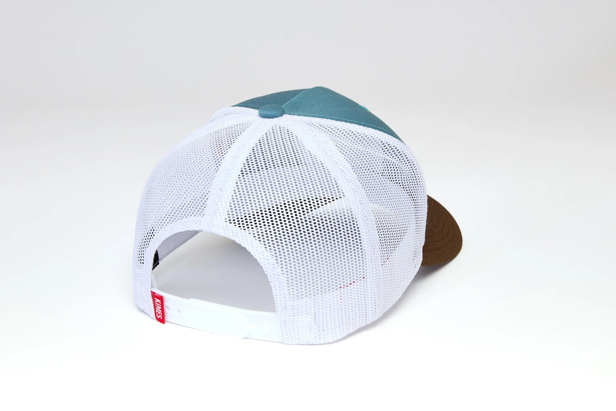 Kimes Ranch Crimson, back view, hat with Green front panels and white mesh back