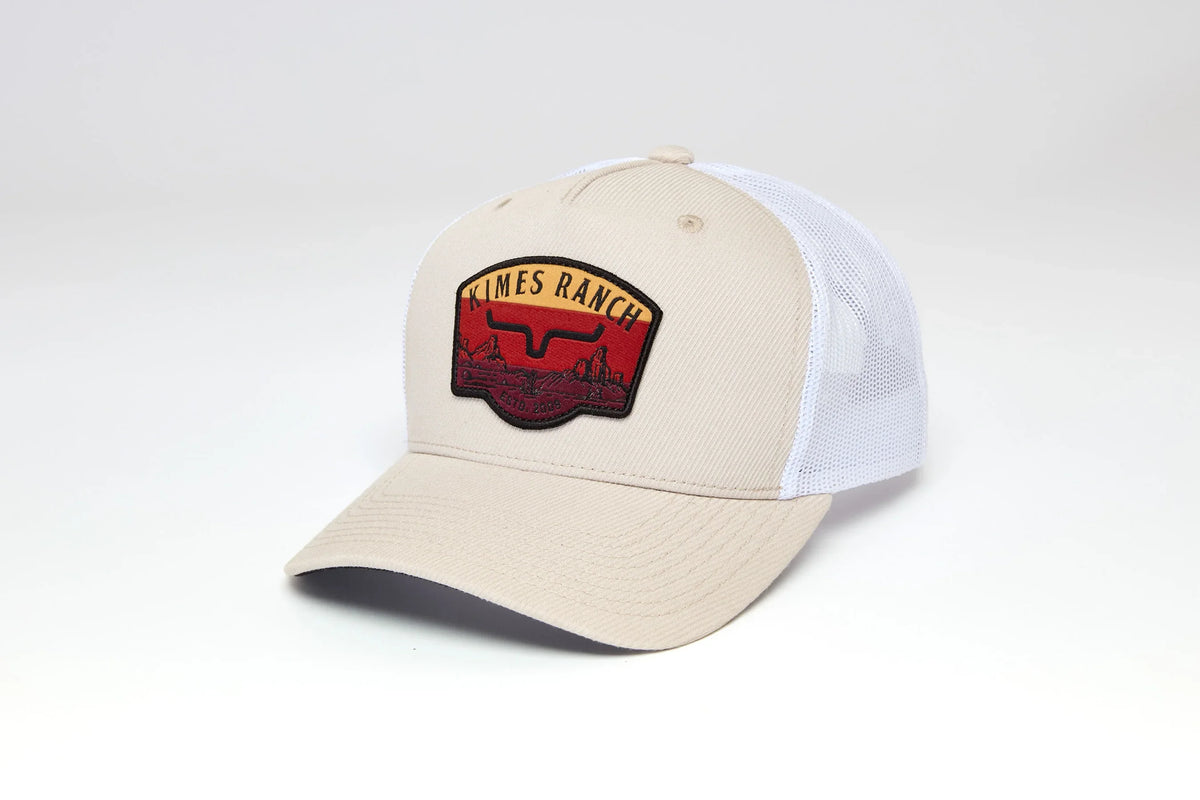Kimes Ranch Crimson Hat in Natural with a front embroidered logo patch and white mesh back