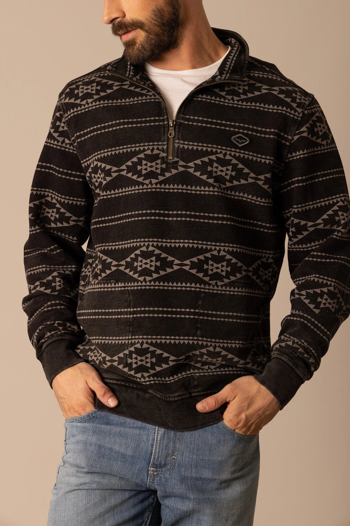 Kimes Ranch Crupper Pullover sweatshirt in Black with a geometric pattern and front zip