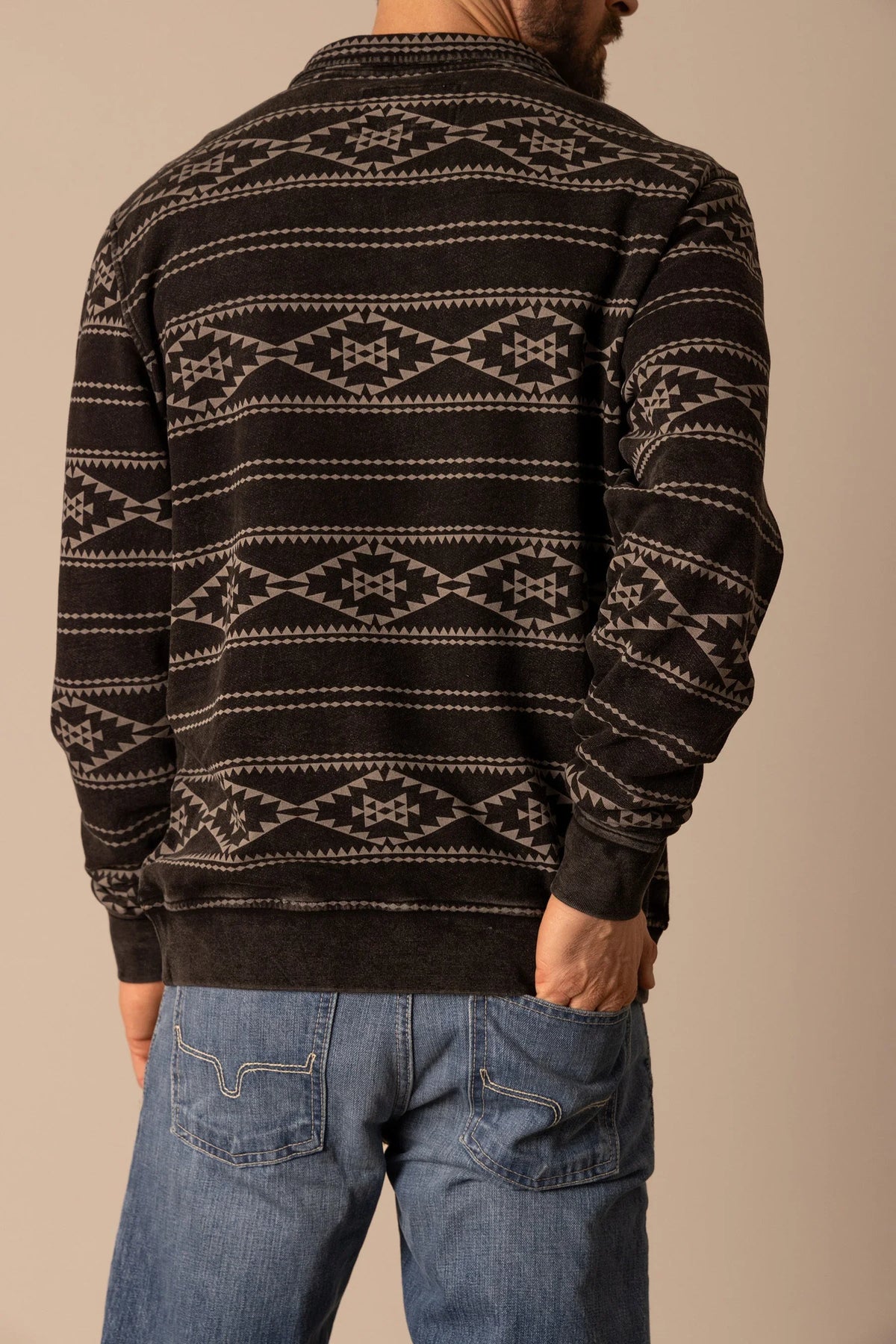 Kimes Ranch Crupper Pullover sweatshirt in Black, back view, with a geometric pattern on the back