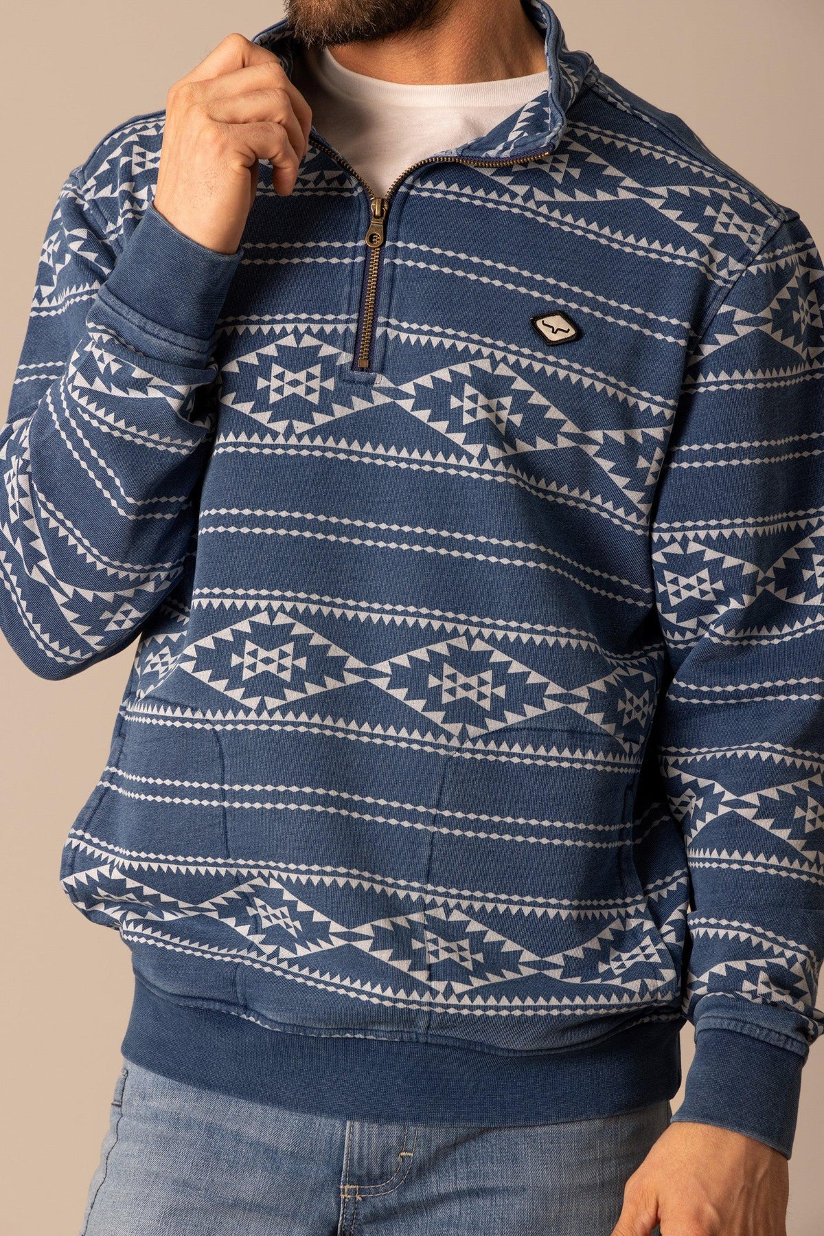 Kimes Ranch Crupper Pullover sweatshirt in Indigo with a white geometric pattern and a Kimes Ranch logo on the chest