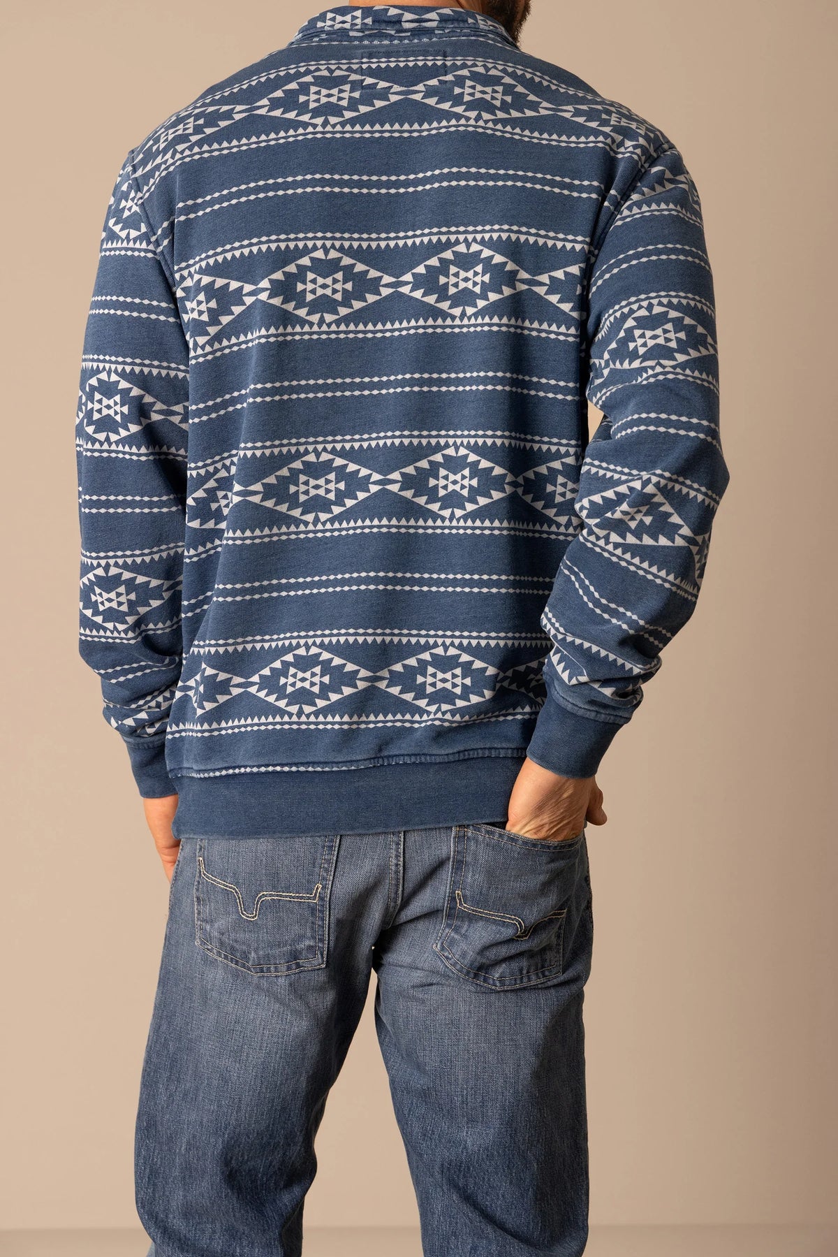 Kimes Ranch Crupper Pullover sweatshirt in Indigo, back view, with white geometric patterns on the back