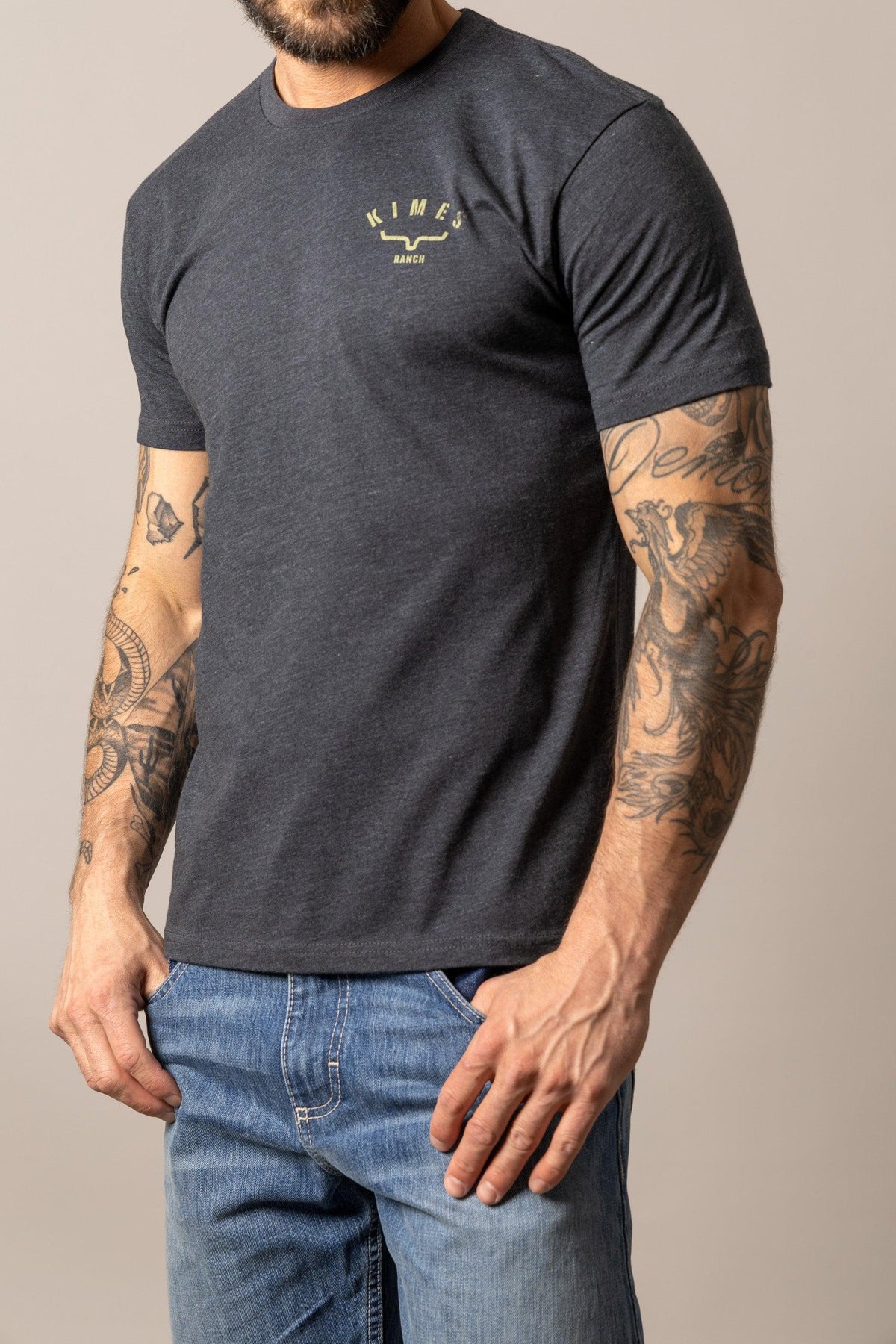 Kimes Ranch Cut Through Charcoal short sleeve shirt with Kimes Ranch logo on the chest