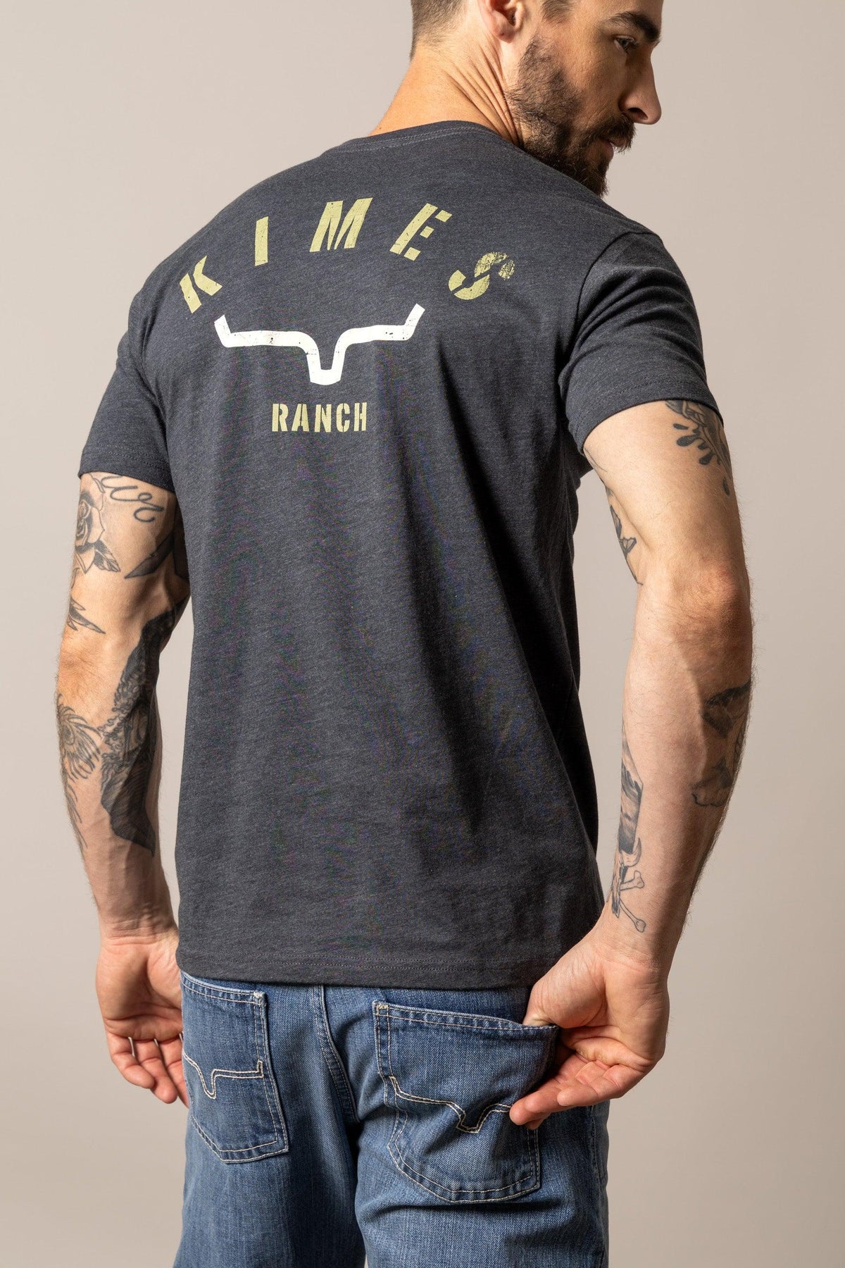 Kimes Ranch Cut Through shirt in Charcoal, back view, with the Kimes Ranch logo on the back
