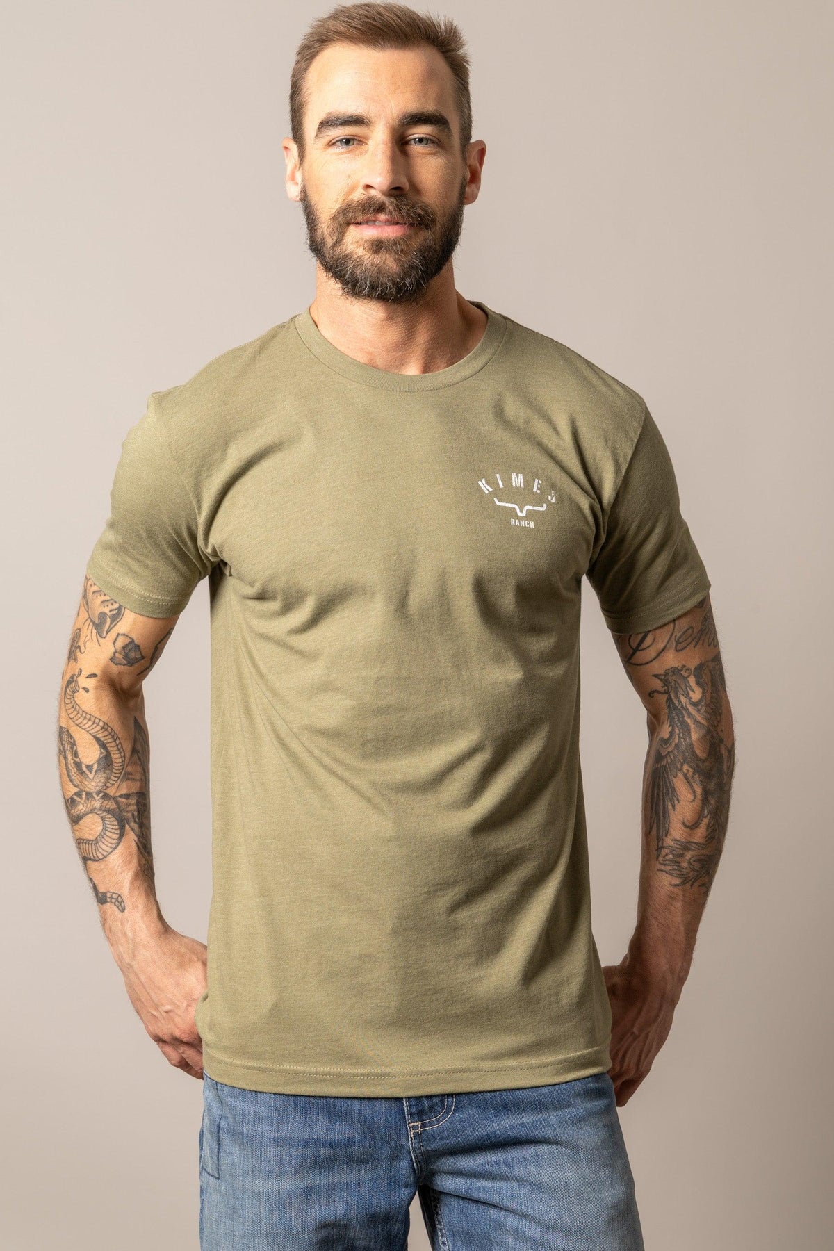 Kimes Ranch Cut Through shirt in Light Olive with a crew neck and the Kimes Ranch logo on the chest