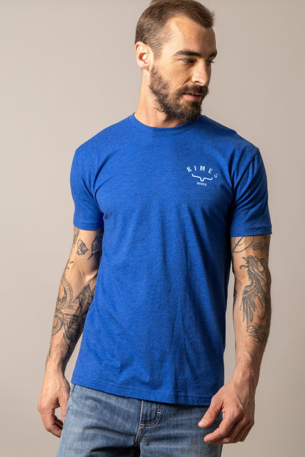 Kimes Ranch Cut Through shirt in Marine Blue with short sleeves and a chest logo