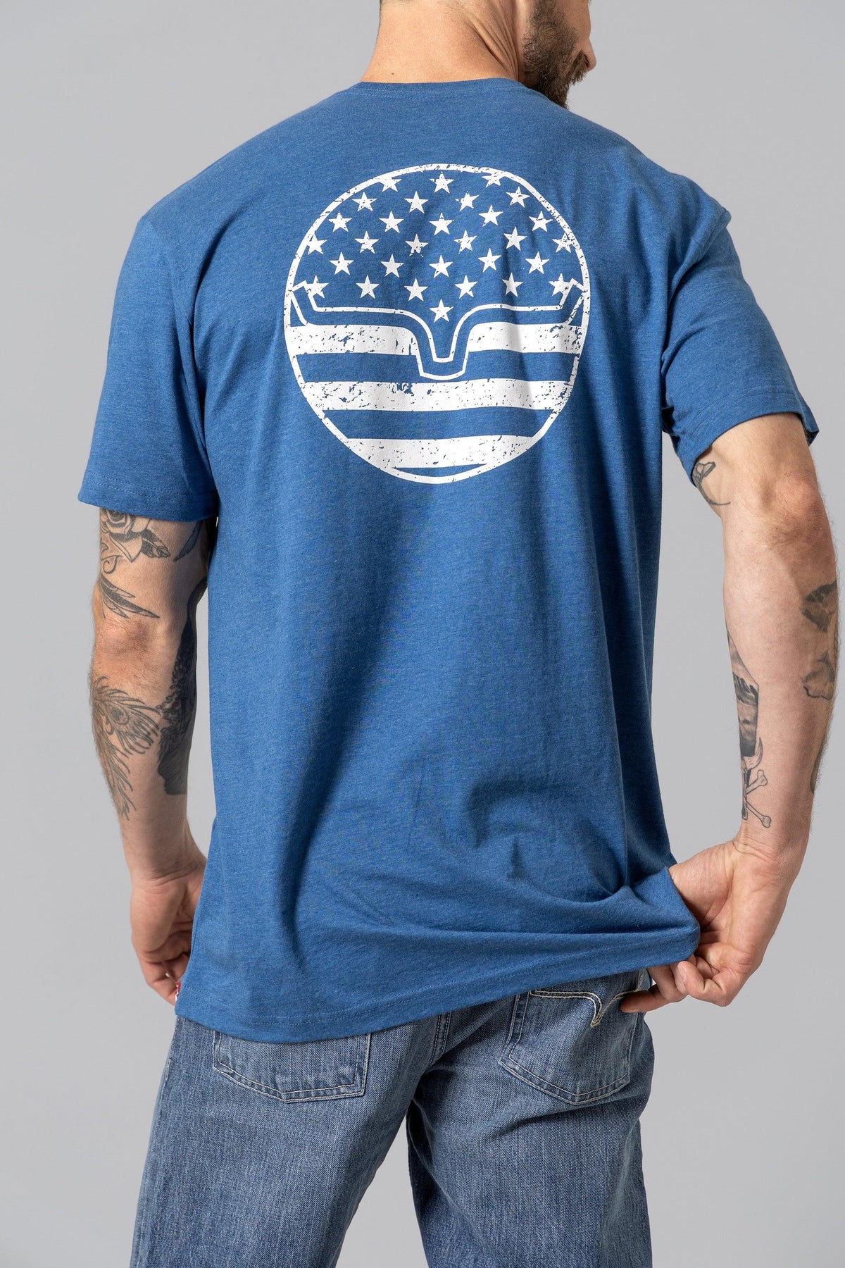 Kimes Ranch American Bullseye Shirt in Heather Cool Blue, back view