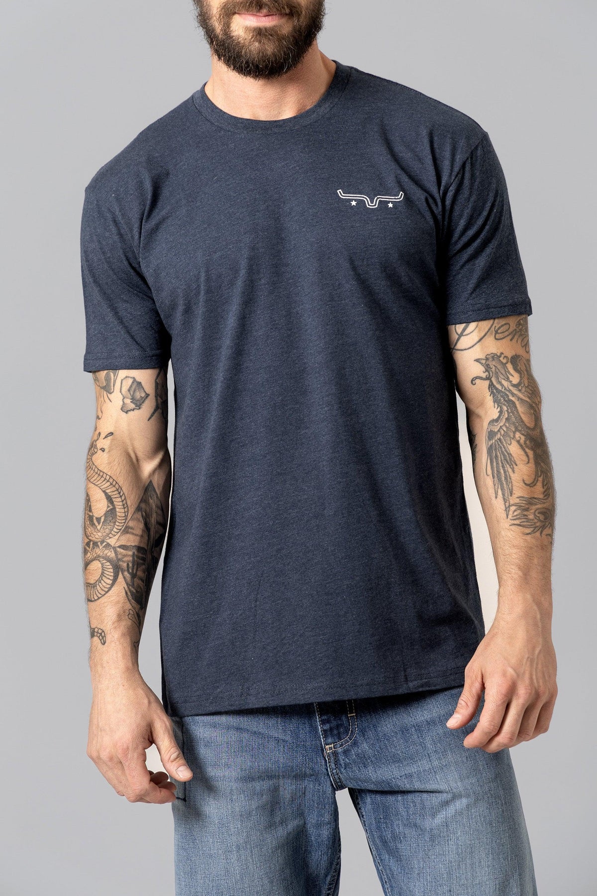Kimes Ranch American Bullseye Shirt in Midnight Navy with short sleeves and a chest logo