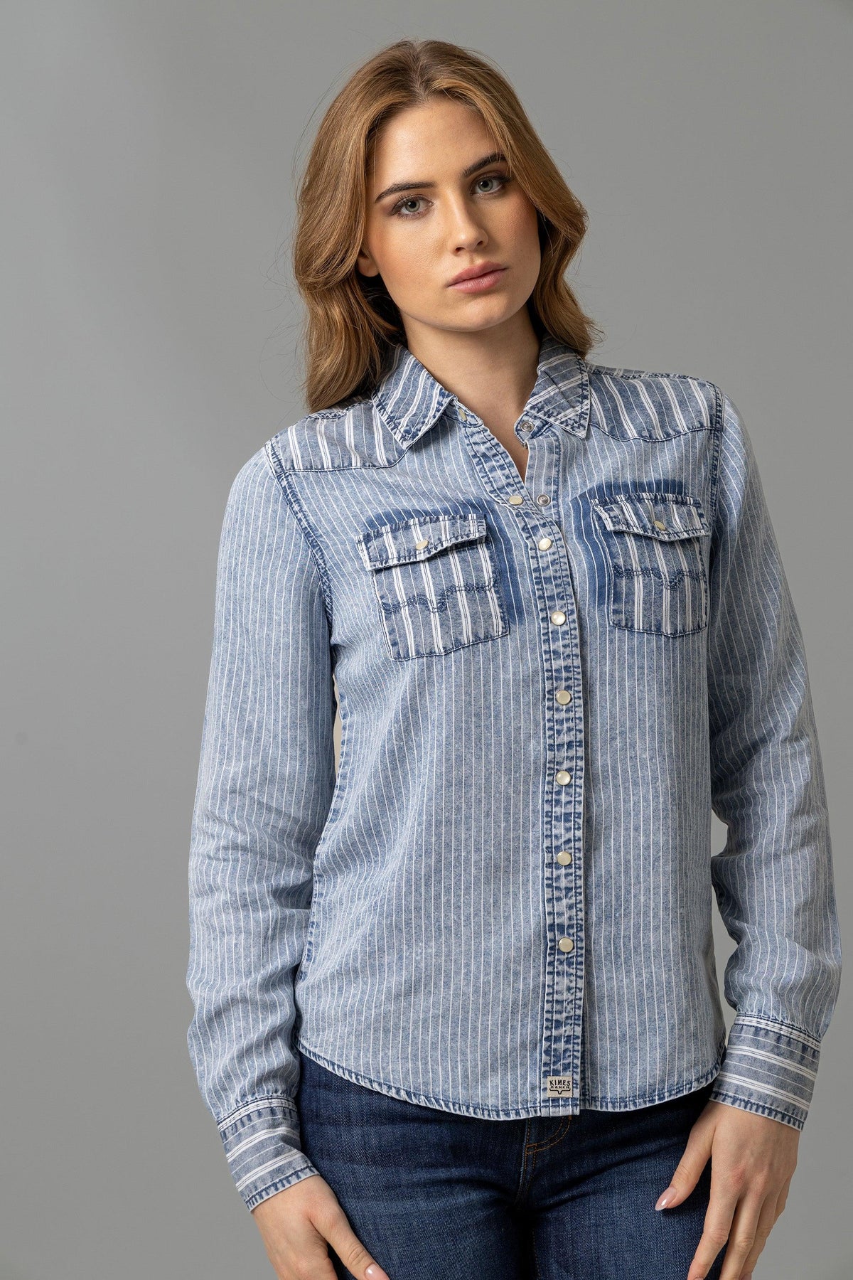 Kimes Ranch KC Tencel Stripe dress shirt in Mini Stripe with long sleeves and two chest pockets