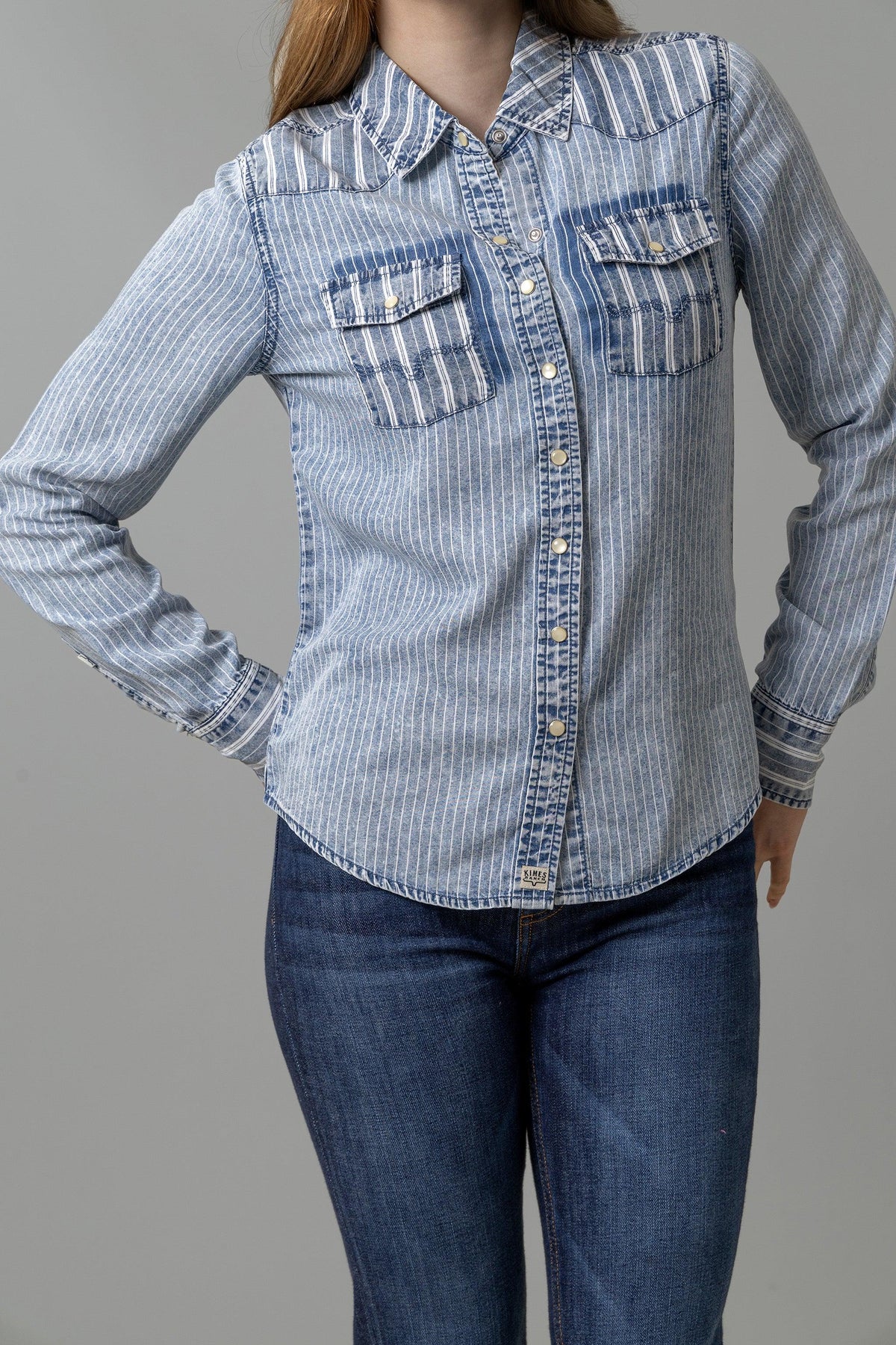 Kimes Ranch KC Tencel Stripe dress shirt in Mini Stripe with western yoke and button flap pockets