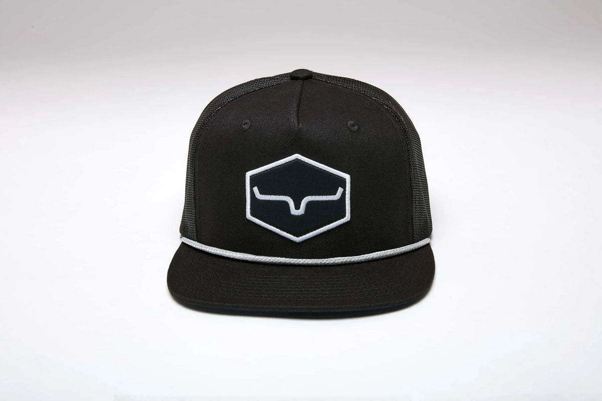 Kimes Ranch DG Mesher Black trucker hat with white Kimes Ranch logo and white piping on the brim