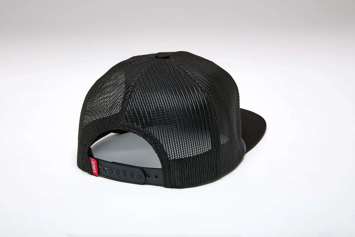 Kimes Ranch DG Mesher, back view, Black mesh trucker hat with snapback closure