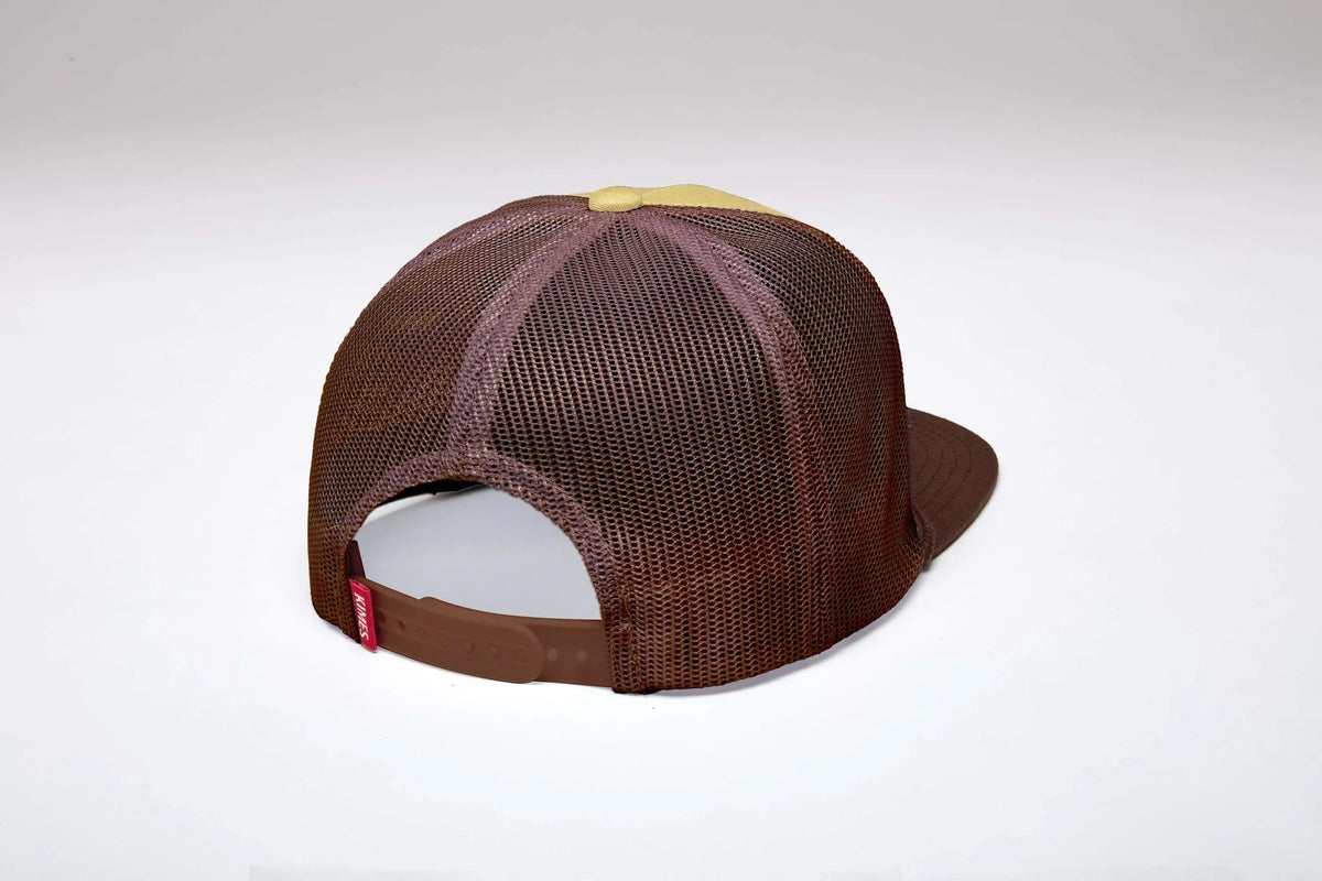 Kimes Ranch DG Mesher hat in Gold, back view, with brown mesh back and adjustable strap