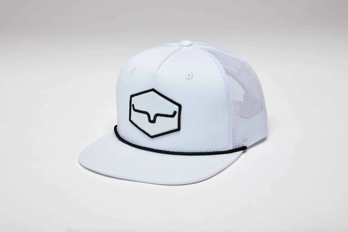 Kimes Ranch DG Mesher White trucker hat with a black logo and black trim