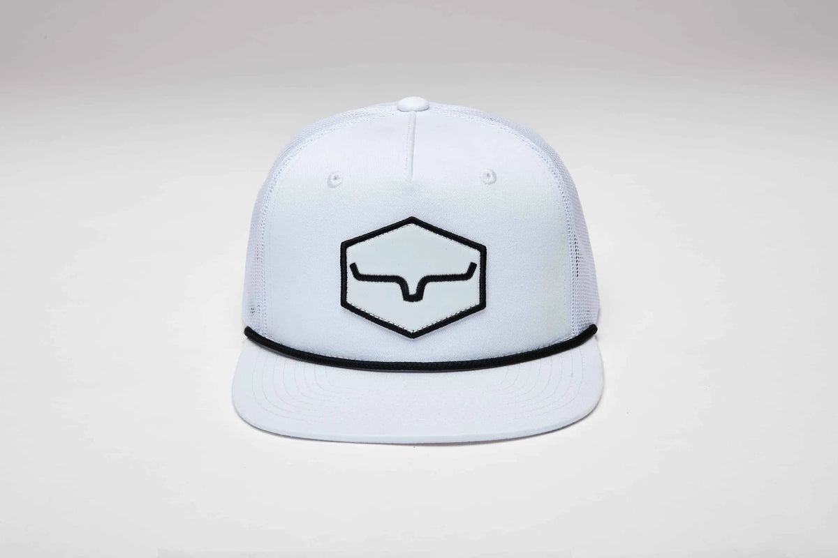 Kimes Ranch DG Mesher White trucker hat with a black logo and black trim
