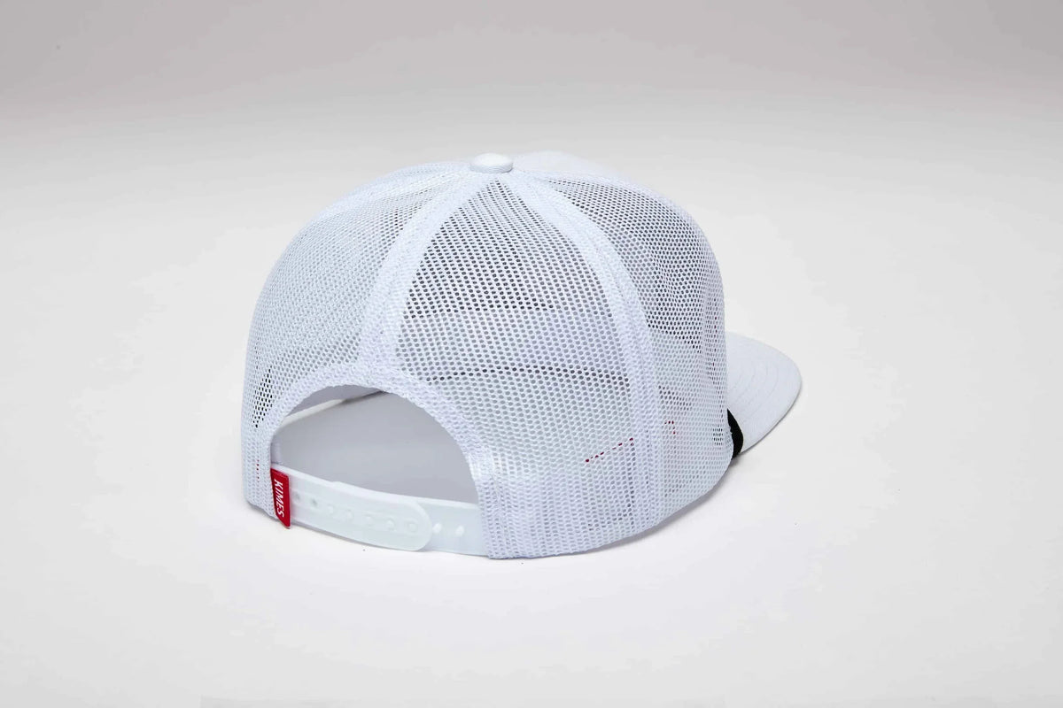 Kimes Ranch DG Mesher, back view, White trucker hat with mesh back and adjustable strap