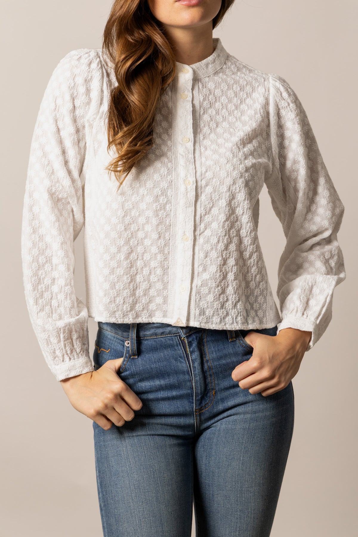 Kimes Ranch Daisychain top in Pristine with a textured daisy pattern and a button front