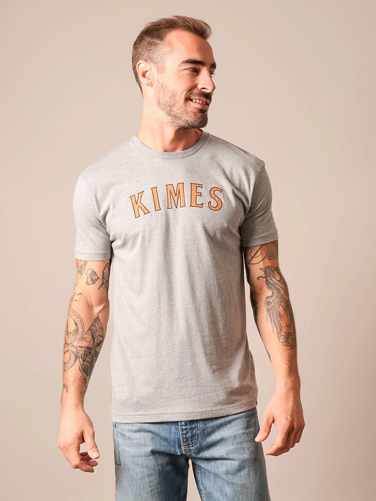 Kimes Ranch Delano shirt in Dark Grey Heather with KIMES arched across the chest
