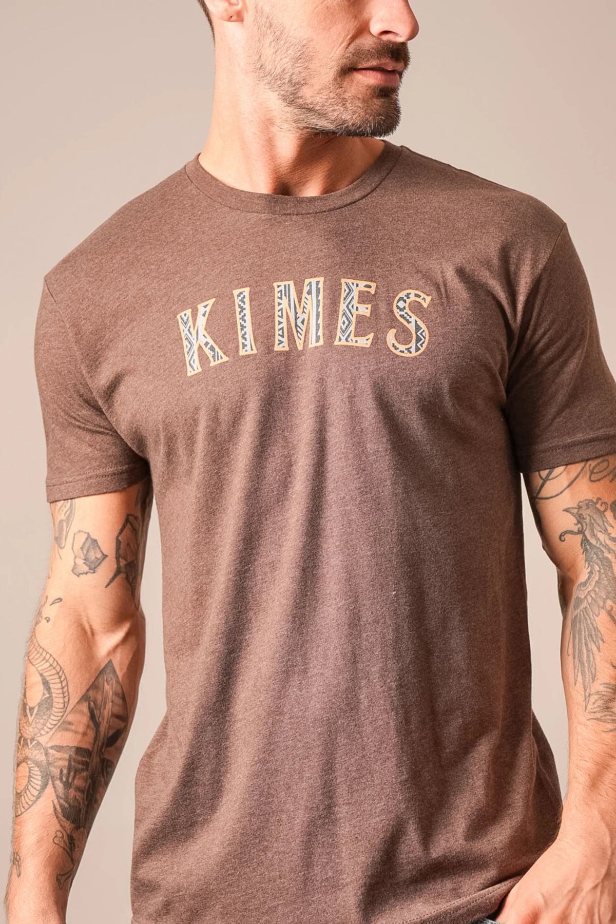 Kimes Ranch Delano shirt in Espresso with a graphic print featuring the word KIMES in an arched design